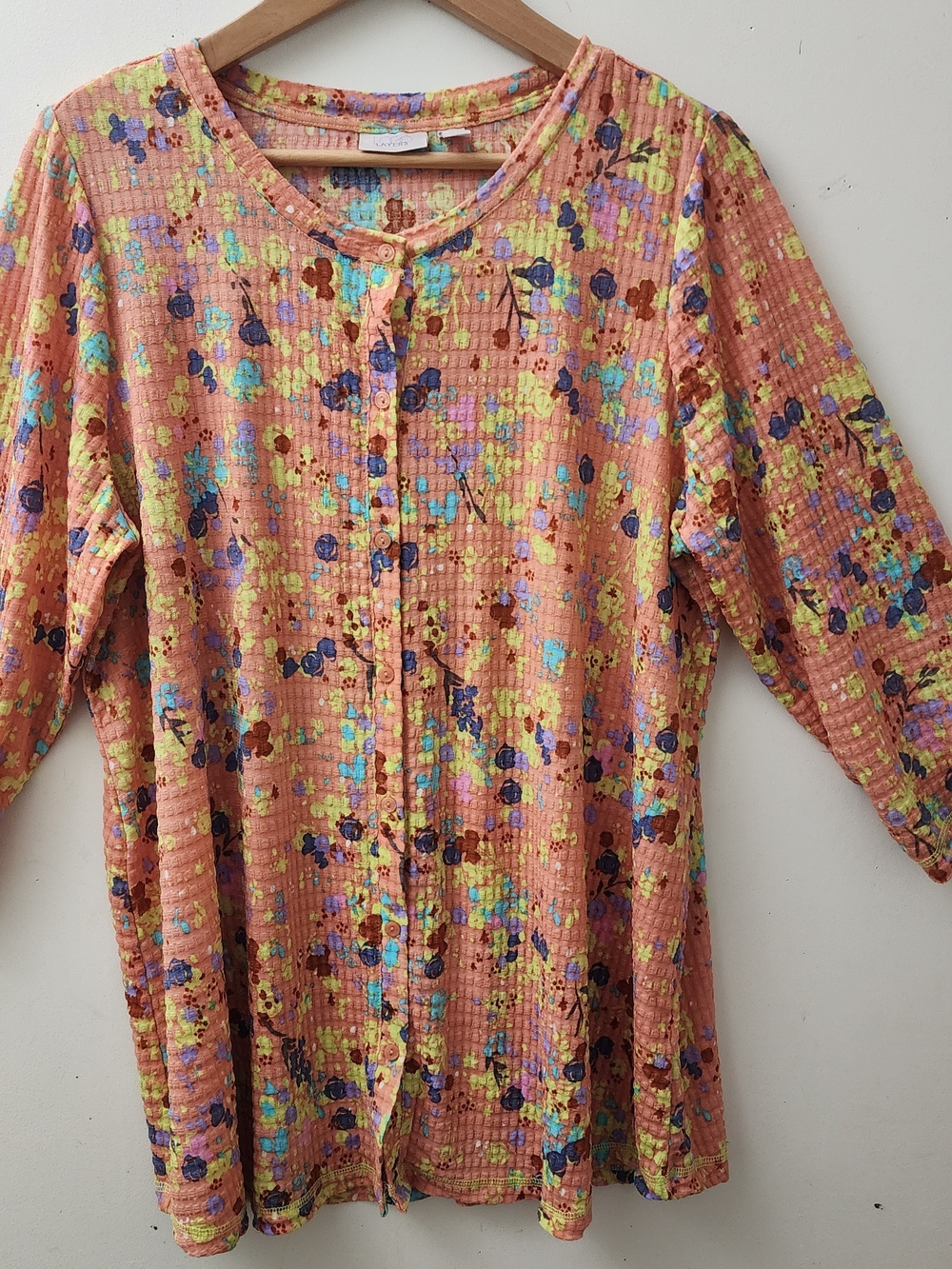 Logo Layers Ladies L Floral Stretch Top Waffle Weave Retro Lagenlook Boho Soft